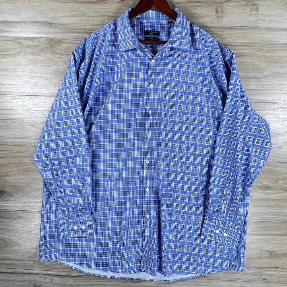 Shaquille O'Neal XLG Dress Shirt Mens 18.5 36/37 Blue Plaid Cooling Stretch Big